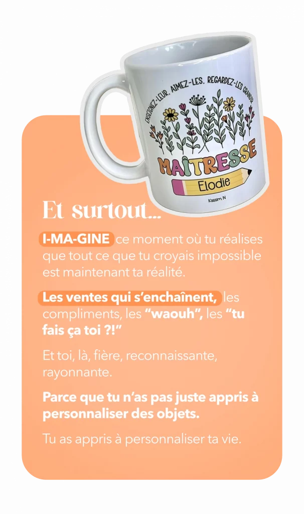 Mug blanc avec le texte "Maîtresse Elodie" et un motif floral. Message inspirant pour une enseignante sur le dépassement de soi et la réussite personnelle.