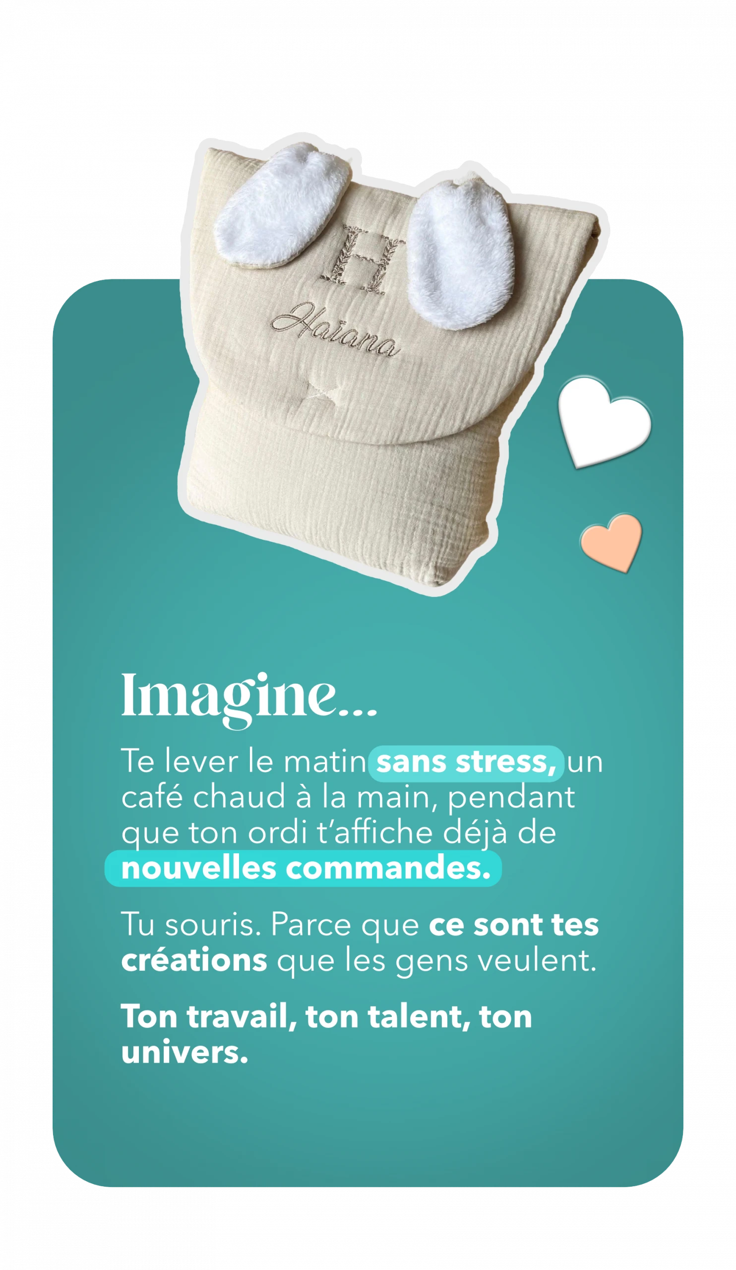 Sac en tissu beige personnalisé avec le nom 'Harana' et une lettre 'H', évoquant le plaisir de gérer ses commandes créatives.